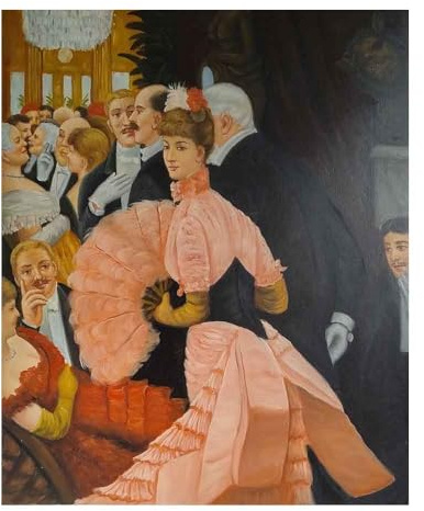 MORANA Handgemaltes Bild, Öl auf Leinwand, 50 x 60 cm, Damenkleid, rosa Fächer, Szene im Moulin Rouge/Bal Masqué, Impressionismus – Made in Italy