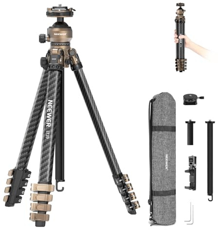 NEEWER LITETRIP LT39 Fibra de Carbono Trípode de Viaje, Pan Tilt Rótula | Soporte 62.4 Para Cámara DSLR y Teléfono, Rótula Baja, Compatible con PD V3 iPhone, 2 Columnas Centrales, Carga Máx 22lb