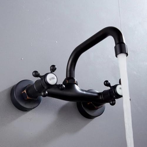 BiaoTeng Waschtischarmatur Wandmontage Waschbecken Armaturen Retro Doppel Kreuzgriff 360 Grad Drehbar Warm und Kalt Waschbecken Armaturen Schwarz Vintage
