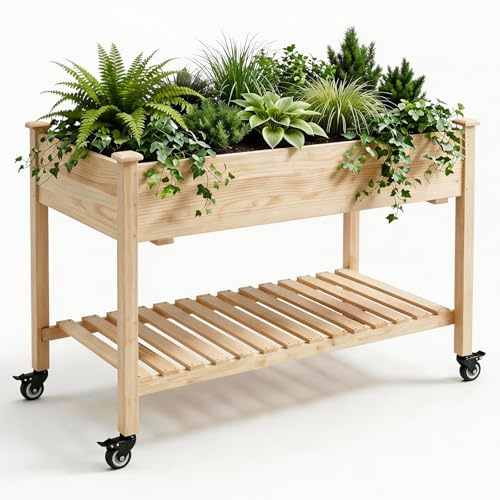 Bamworld Raised Garden Bed 32×48×24 Wood Planter Raised Garden Box with Wheels for Backyard Patio Balcony(Natural)