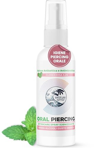 WATER LAW TATTOO Igienizzante Spray Piercing Orale 100ml con Clorexidina ad azione Antisettica e Antimocrobica con Menta Piperita Rinfrescante e Lenitiva Indicato per Labbra Lingua Guancia e Frenulo