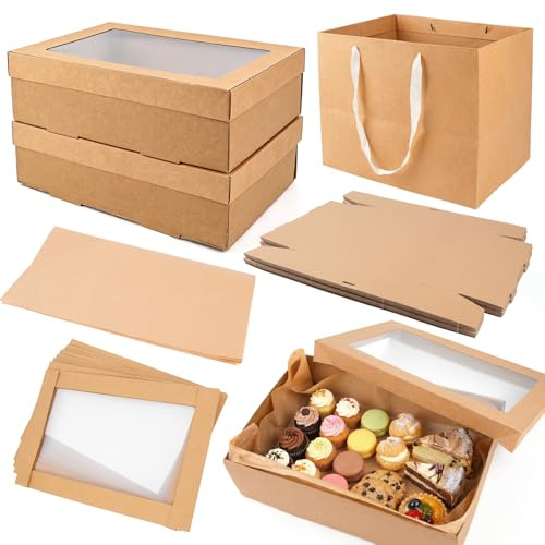 CAIYUANGUANGJIN 10 Pack Kraft Bakery Boxes with Window, 30x20x8cm Cookie Boxes with Greaseproof Paper Kraft Bags, Cardboard Cake Box for Cupcakes Muffins Pastry, Empty Gift Boxes for Wedding Birthday