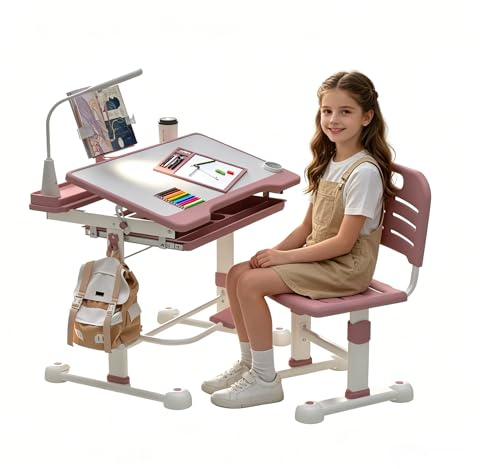 Kinderschreibtisch, Schreibtisch Höhenverstellbar für Kinder von 3-12 Jahren, 55° neigbare Tischplatte, Mehrfunktional Kinderschreibtisch und Stuhl Set - Malerei Tischplatte, Regal, Schränke (Rosa)