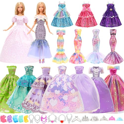 Miunana 5 Kleidung + 5 Schuhe + 12 Zubehör für 11,5 Zoll 30 cm Puppe | 5 Puppenkleidung Kleidung Hochzeit Party Abendkleider + 5 Paar Schuhe + 6 Krone + 6 Halskette für Puppen (Keine Puppe.)