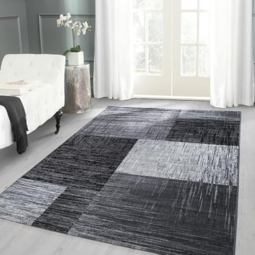 Carpettex Teppich Wohnzimmer Kurzflor 160 x 230 cm Schwarz Modern Abstrakt Kariert Design -Teppich Schlafzimmer Flauschig Weich Waschbar Küchenteppich Teppich Esszimmer Kinderzimmer Wohnzimmerteppich