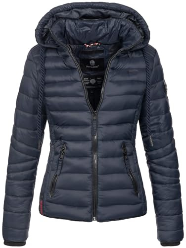 Navahoo Damen Steppjacke XS-XXL leichte Übergangsjacke mit abnehmbarer Kapuze, wasserabweisend, taillierter Schnitt B650 (XL,Navy)
