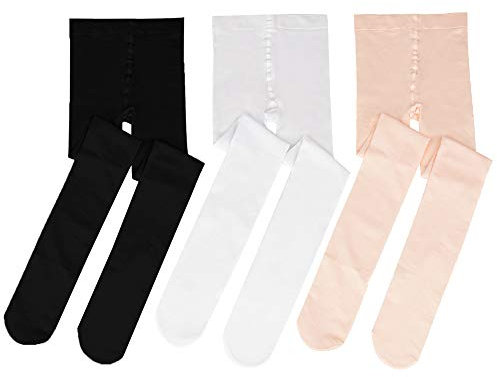 Bezioner 3 Paar Kinder Ballett Strumpfhose Tanzstrumpfhose mit Fuss fur Kinder und Damen,3 Paar, Weiss,Apricot,Schwarz,M