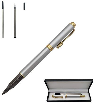 Accod Classic Business Metal Ballpoint Pen Signature Pen Rollerball Gel Pen High-end Gift Box with Two Replaceable Refills for Office Family and Business Partners (Silver)