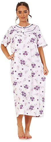 Malay Women Long Nightdress 100% Cotton Floral Button Short Sleeve Nightwear M to 3XL Lilac