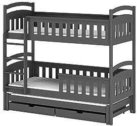 Arthauss Modern Kids Children Wooden Solid Pine Bunk Bed With Storage Drawers and Trundle in Graphite with Foam Mattresses - Wooden Space-Saving Design, Convertible into Three Single Beds