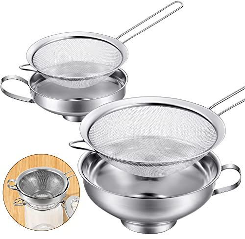 4 Pieces Stainless Steel Funnels with Fine Mesh Strainer, Household Funnel Kitchen Canning Funnels with Stainless Steel Colander