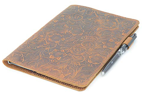 JJNUSA Vintage Echtleder-Notizbuch für Rocketbook Everlast Core Fusion Executive Schreiben Leder Reisetagebuch Cover für A5 Cover Größe (15,2 x 22,4 cm) Blumen Braun