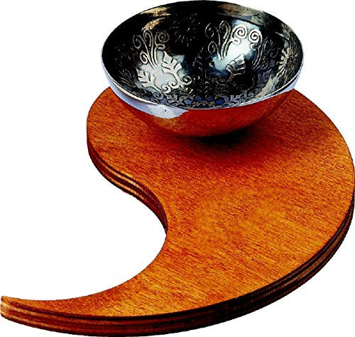 Kerzenleuchter Holzuntersetzer mittelbraun mit Schale mit antikem Blumenmuster in Silber, Kreis Deines Lebens nach Yin Yang