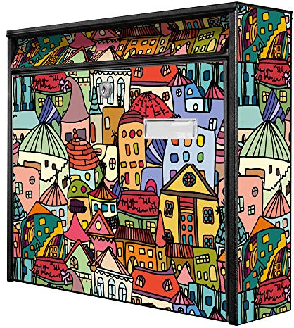 banjado® Burg-Wächter® Briefkasten mit Motiv Funky Town/Briefkasten ohne Zeitungsfach 32x36x10 cm groß/Briefkasten mit Namensschild A4 Einwurf inkl. Montagematerial & 2 Schlüsseln