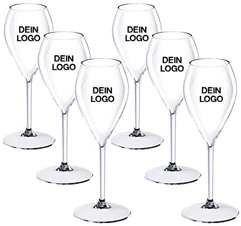 DoimoFlair Lot de 1500 flûtes à champagne personnalisées en plastique avec logo 2 couleurs incassables Flûtes à champagne Flutes Transparent 16 cl