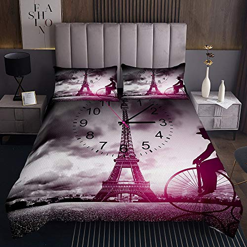Lila Eiffelturm 220×240 Digitale Uhr Bettwäsche Set Dunkle Wolke Himmel Fahrrad Motte Coverlet Set FÜR Kinder Jungen Mädchen Retro Chic Paris Bettbezug Mit 2 KissenbezÜGe Schlafzimmer Dekor