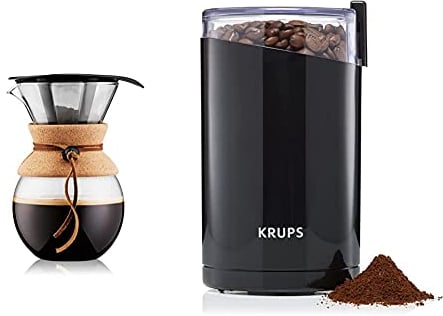 BODUM 11571 109 1L Pour Over Coffee Maker with Permanent Filter, Layered, Transparent & Krups Coffee mill F203438 Electric, Coffee, Nuts and spice grinder, One touch button, Black