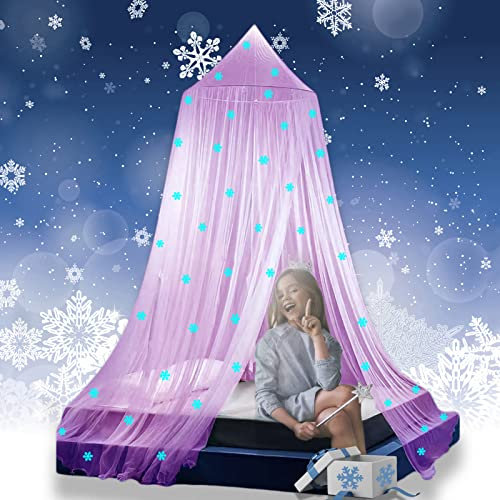 Eimilaly Prinzessin Betthimmel leuchtet im Dunkeln, Weihnachten Schneeflocken Betthimmel für Mädchen Zimmer Dekoration, Pink