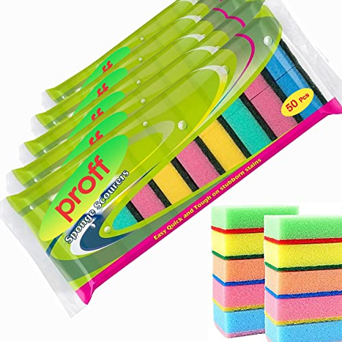 Proff Cleaning & Washing up Sponge Scourers, Foam, Mix Colours, Pack of 50