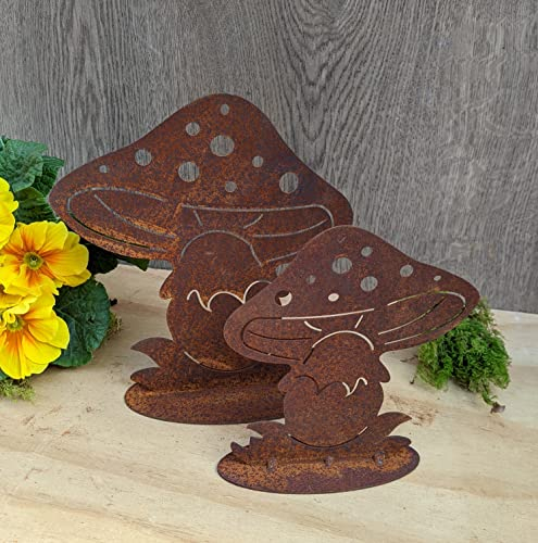 terracotta-toepfe-de Pilze 2er Set 20 cm hoch u.15 cm hoch aus Metall Edelrost Rost Wald Deko Garten Herbst