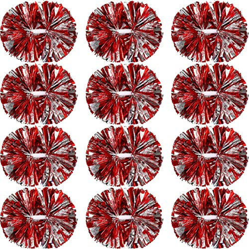 Cheerleader-Pompons, Cheerleader-Pompons mit Schlagstockgriff, Metallic-Folien-Pompons für Kinder und Erwachsene, für Teamsport, Party, Tanz, Cheering Squad, Zubehör, 35,6 cm (rot, silber)
