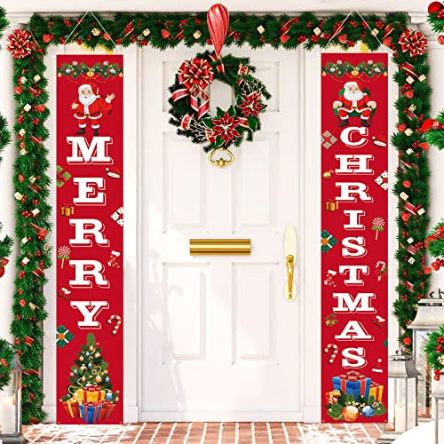 Christmas Door Banner Decorations, Merry Christmas Porch Sign Banner Decor with Santa Claus Tree Gift Wreath, Xmas Decoration Banner for New Year Outdoor Porch Front Door Wall Hanging Decorations