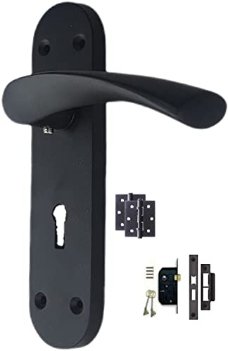 Golden Grace Astrid Lever Lock Door Handle Set, Matt Black 182mm x 45mm | Matt black handles come with a 2.5-inch mortise sash lock, keys, spindle, fixings, and a pair of 3-inch ball bearing hinges.