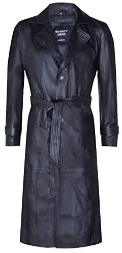 Men's Black Leather Classic Full Length Long Trench Coat 4XL