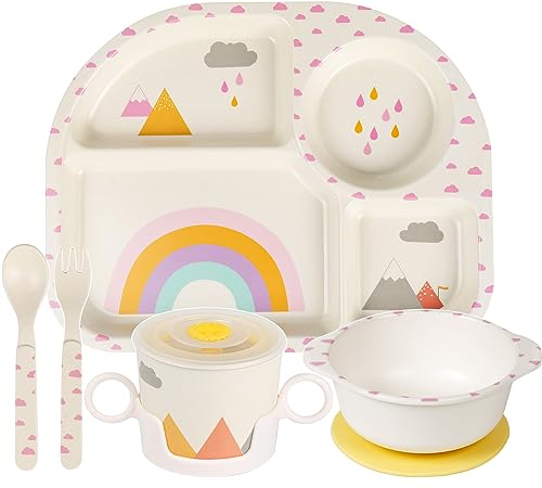 Greentainer Kids Cartoon Dinnerware Set - Children Dishes Food Plate Bowl Cup Spoon Fork Set, Dishwasher Safe, Kids Dishware Tableware Healthy Mealtime, BPA Free,7Pcs/Set-Rainbow