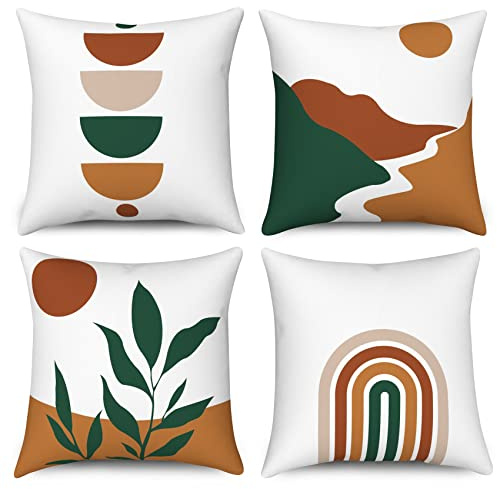 Hnmdmyi Kissenbezug Boho 40x40 4er Set, Abstraktes Blatt Sonnenuntergang Sonnenaufgang Linie Regenbogen Berg Dekorative Kissenbezüge Natur Landschaft Moderne Kunst Leinen Kissenhülle für Home Decor