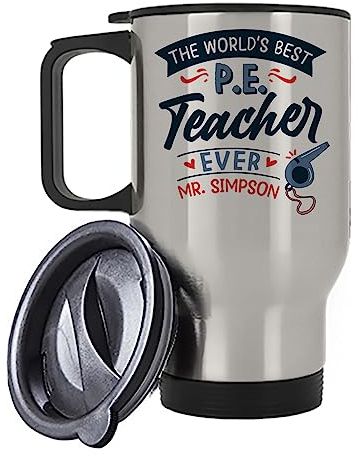 Getagift P.E. Teacher Gift, Personalised The Worlds Best P.E. Teacher Gift, Silver, White Insulated 14oz Travel Mug, Tea, Coffee Mug. (Silver)