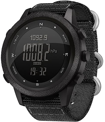 DIDITIME Taktische Herrenuhr, schwarz, 46mm, Nylonband, Analog-Digitalanzeige, wasserdicht, Kompass, Temperatur, Höhenmesser, Barometer, Schrittzähler