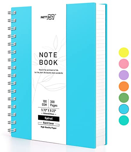 RETTACY A5 Notizblock, Notizbuch, Spiralgebundene Notizbücher, 300 Blatt/150 Seiten Zum Schreiben, 100 G/m² College-liniertes Papier, PVC-Hardcover, 14,5 X 21 Cm – Blau