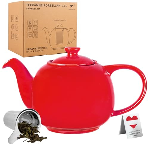 Urban Trading, Tetera Swansea con filtro rojo de 1,1 L, de porcelana de de URBAN LIFESTYE, tetera antigoteo, tetera con colador