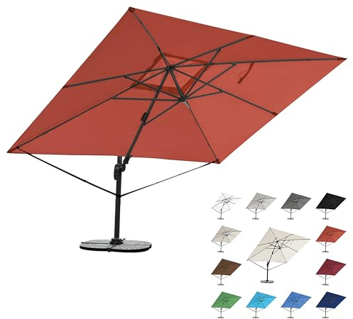 RS Trade 3x4 m Sonnenschirm 4-fach axial und 5-fach horizontal neigbar inkl. Schutzhülle & Windsicherung 360 Grad drehbar Ampelschirm Marktschirm Gartenschirm 300 x 400 cm mit Aluständer