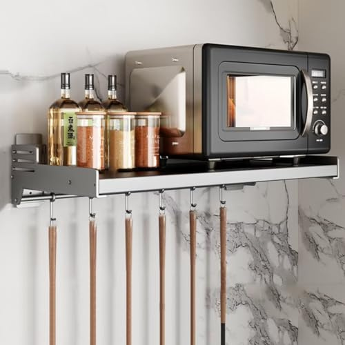 Kohlenstoffstahl Mikrowelle Regal Küche Mikrowellenhalterung Wand Mikrowelle Backofen Wandhalterungen Regal mit 6 Halterung, Wand-befestigte Küche Regal, 55x37x11.5cm