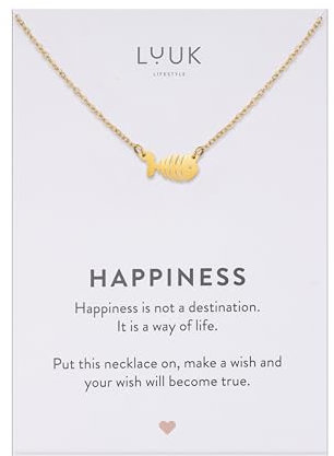 LUUK LIFESTYLE Collier élégant pendentif en forme d‘arête de poisson, design simple et intemporel, petit cadeau avec carte HAPPINESS, rose