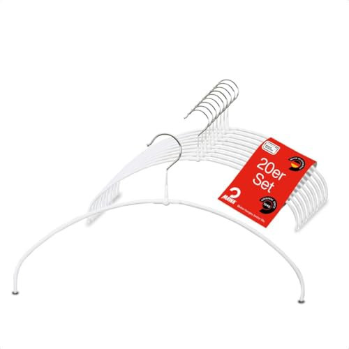 MAWA Kleiderbügel Light, Set mit 20 platzsparenden und rutschfesten Bügeln, ideal für T-Shirts, Tops und leichte Pullover, mit 360° drehbarem Haken und Antirutschbeschichtung, 36 cm, Weiß