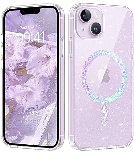 DUEDUE Glitzer Hülle für iPhone 13 / iPhone 14 6,1” mit MagSafe, Bling Bling Glitzernd Stoßfest Durchsichtig Niedlich Magnetisch Handyhülle für iPhone 14 iPhone 13 Case, Transparent