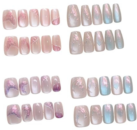 4 Packs (120 Pcs) Salon Acrylic Mermaids Cat Eye Press On false Nails, Glossy Glitter Color Gradient, Square Shape, each Pack includes 30 Nails - pink, purple, blue fake nails for Women & Girls