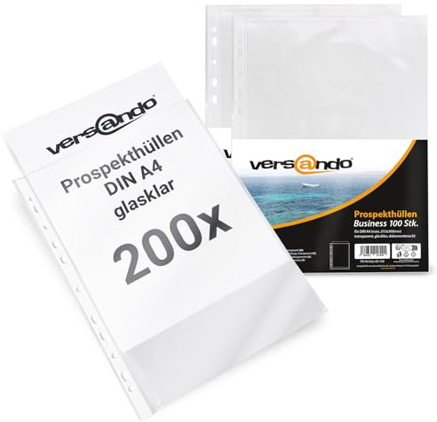 versando 200x A4 Prospekthüllen Business mit Heftrand Klarsichthüllen glasklar transparent 60my (2x 100 Stück)