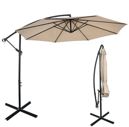COSTWAY 3M Garden Cantilever Parasol, 8 Ribs Outdoor Offset Banana Hanging Umbrella with Crank Handle, Cross Base and Tilted Design, Sun Shade Canopy for Poolside, Deck & Patio (Beige)