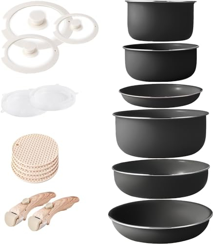 RIOVARM Induzione Set di pentole e padelle con manici staccabili, Impilabile Antiaderente In granito Set di pentole con coperchi, Salvaspazio Set di utensili da cucina Senza PFOA, Padella, Casseruole
