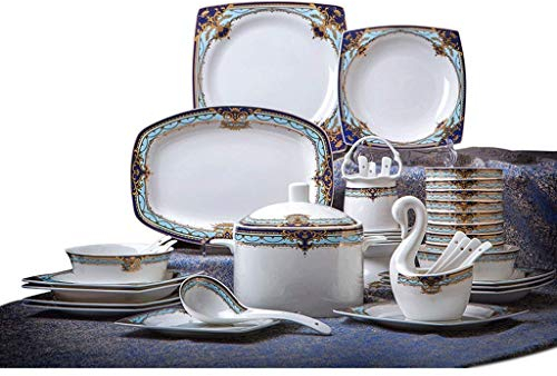 Juego de vajilla para servicio de mesa, juego de vajilla de cerámica de 48 piezas, tazón/plato/olla de sopa/cuchara, juego de vajilla, juego de vajilla combinada con patrón de Danubio azul, compatible