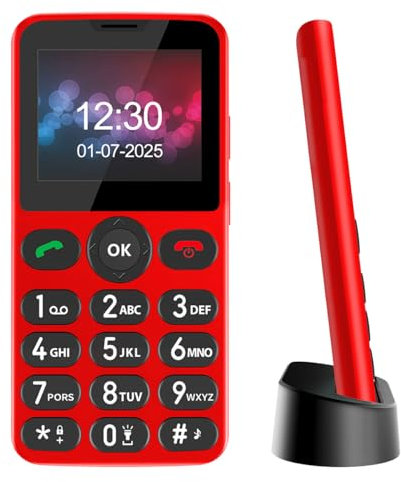 Melefon Telefono Cellulare per Anziani Con Tasti Grandi,Facile da Usare|Funzione SOS|Volume Alto Con Base di Ricarica|1000mAh Batteria(Rosso)