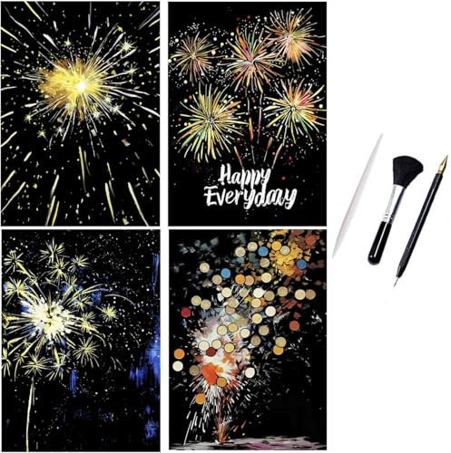 ShipeeKin 4x Kratzbilder Leuchtend 290 x 210 mm A4 Wandbild Kratzbilder Kratzpapiere für Erwachsene Kinder mit Werkzeug Set (Feuerwerk)
