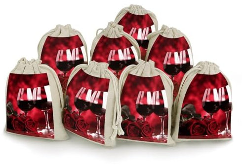 JTKBNVM 8 Stück Rosen und Gläser Rotwein Baumwolle Kordelzugbeutel Wiederverwendbare Musselin-Aufbewahrungstasche für Party Hochzeit Heimbedarf Xmas Geschenktüte 17,9 x 12,4 cm
