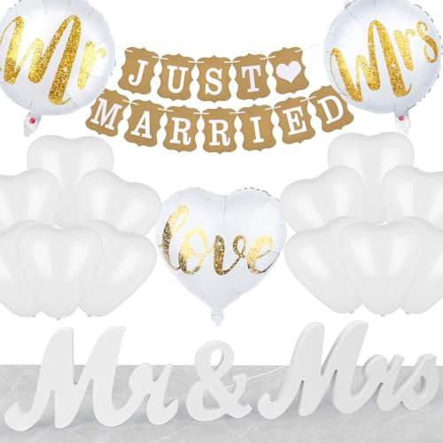 Lemicin Hochzeitsdeko Just Married Deko - Just Married Girlande mit 23 Luftballons Mr and Mrs Standesamt Deko Brautpaar Hochzeit Heliumballons und Banner Deko für Verlobung Hochzeitsfeier