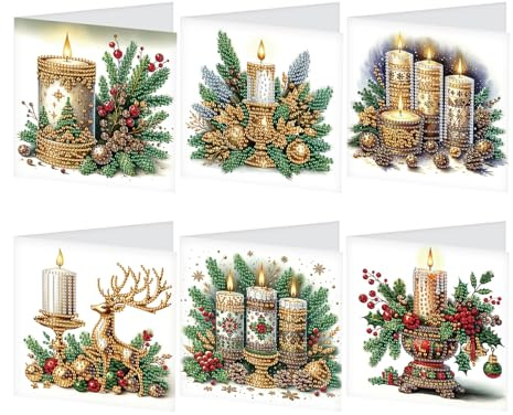 JISHSHAY 6er Set Weihnachten Diamond Painting Karten Weihnachten Kerzen Diamant Painting Geburtstagskarten Mosaik Bastelset Erwachsene Grußkarten Crystal Art Dankeskarten Greeting Cards mit Umschlag