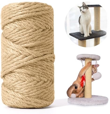 Sisal Rope for Cat Scratcher 164FT/50M, 6MM Thick Natural Jute Rope for Scratch Posts Cat Tree Rope Twine for Cat Scratching Post Replacement Repairing DIY Projects Gardening (Brown)